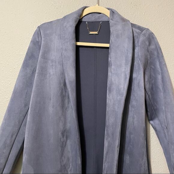 T Tahari Blue Faux Suede Long Line Open Front Jacket Womens XSP Preppy Coat - Picture 7 of 10